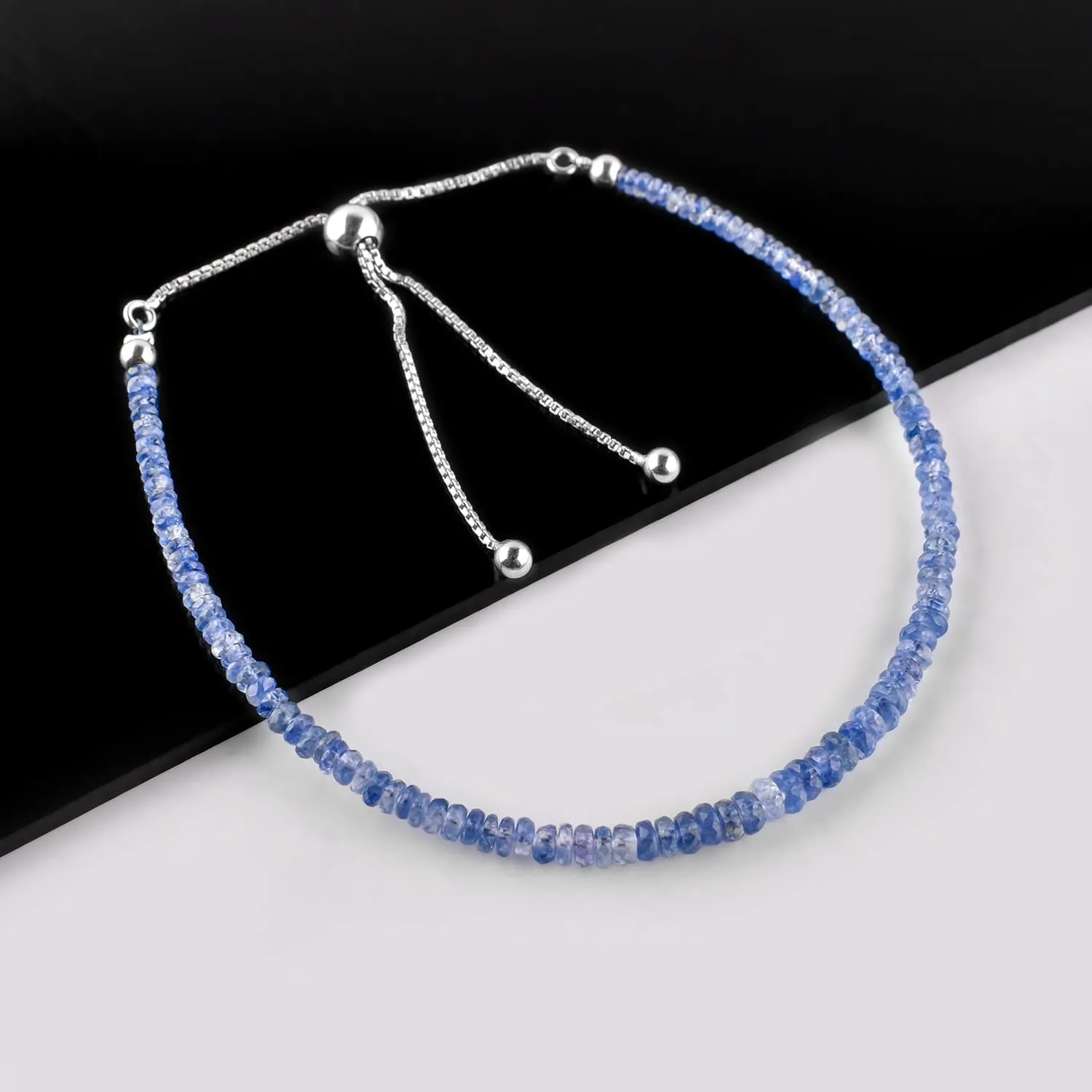 Natural Ceylon Blue Sapphire Gemstone Beaded Bolo Bracelets 925 Sterling Silver Rhodium Plated Statement Chakra Healing Birthstone Zodiac Adjustable Slider Chain Jewelry Gift for Women