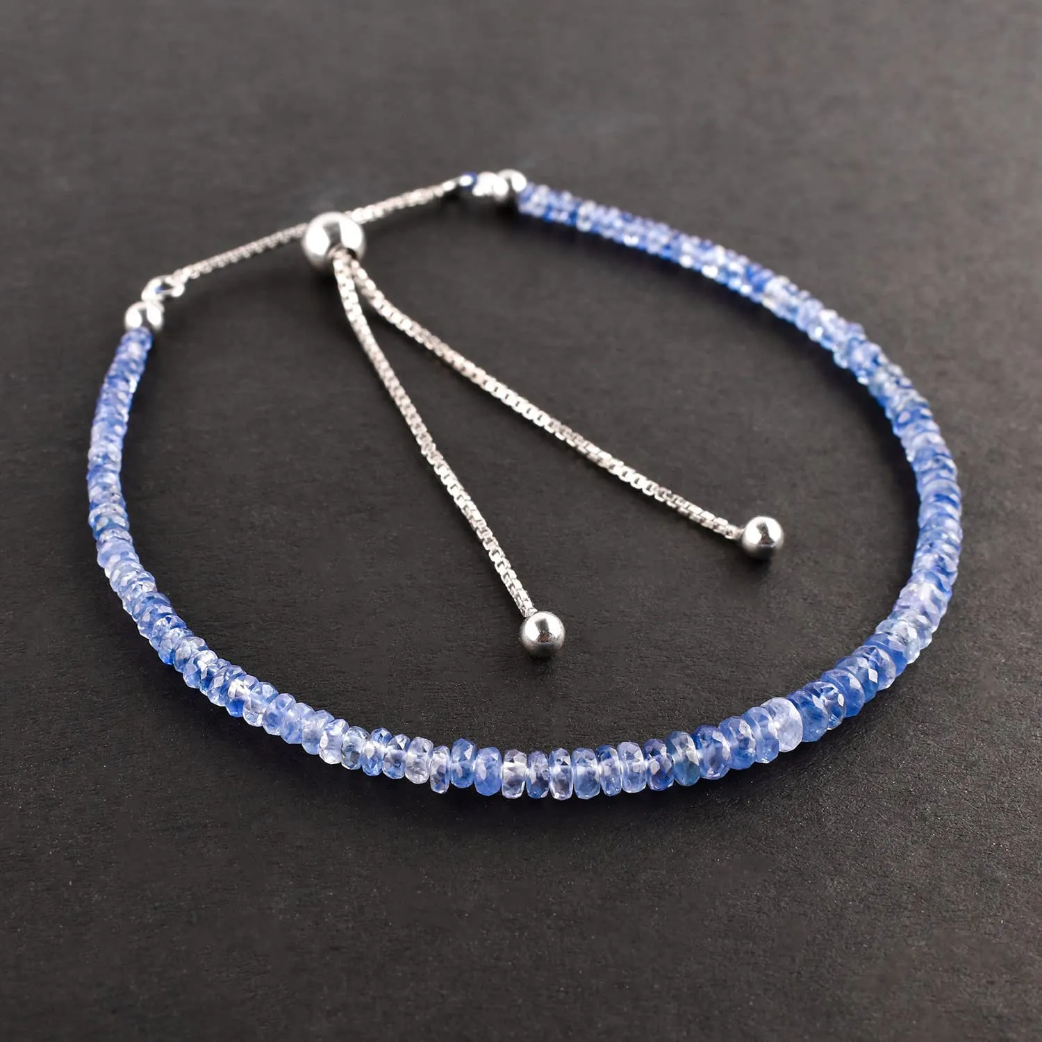 Natural Ceylon Blue Sapphire Gemstone Beaded Bolo Bracelets 925 Sterling Silver Rhodium Plated Statement Chakra Healing Birthstone Zodiac Adjustable Slider Chain Jewelry Gift for Women