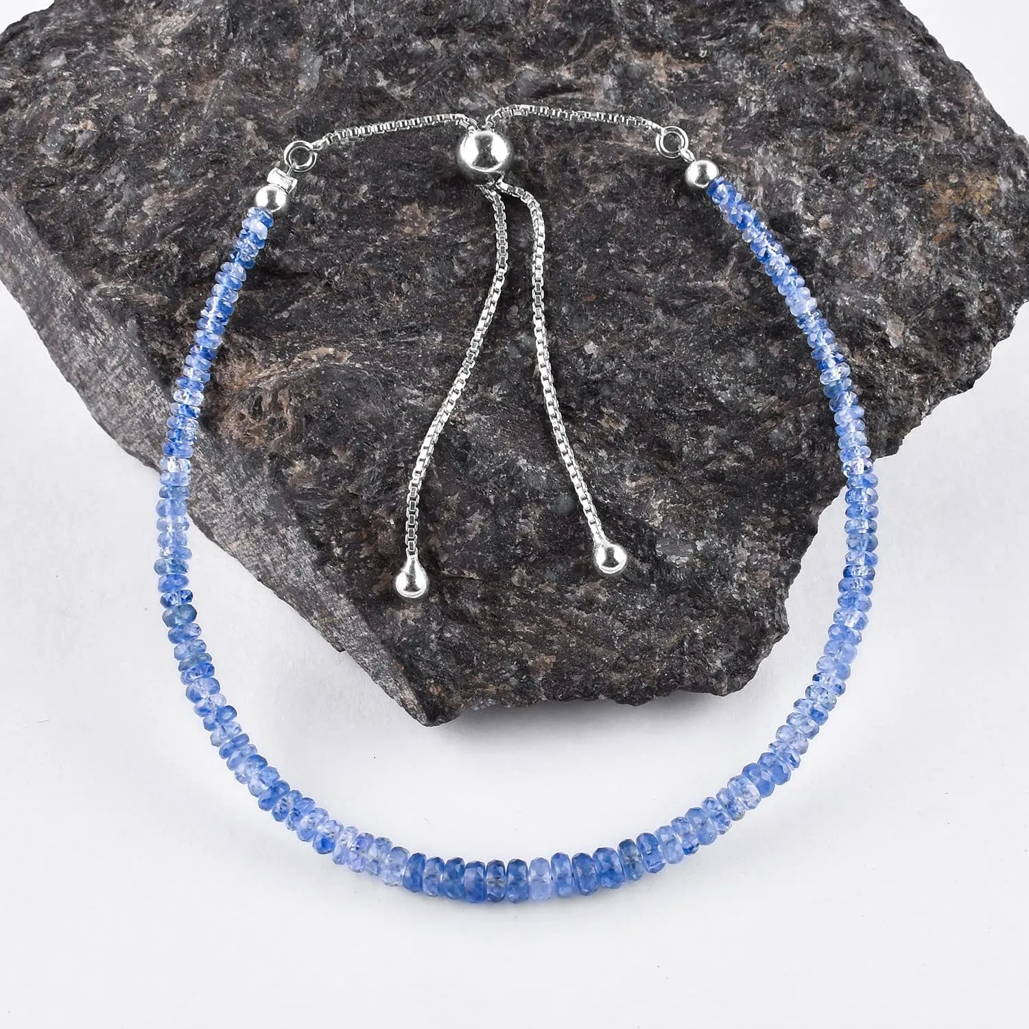 Natural Ceylon Blue Sapphire Gemstone Beaded Bolo Bracelets 925 Sterling Silver Rhodium Plated Statement Chakra Healing Birthstone Zodiac Adjustable Slider Chain Jewelry Gift for Women