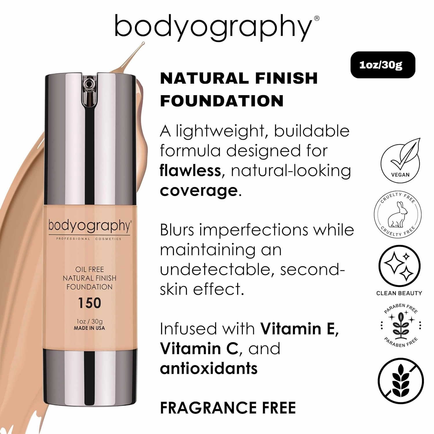 Natural Finish Foundation - 160 Medium Neutral by Bodyography for Women - 1 oz Foundation