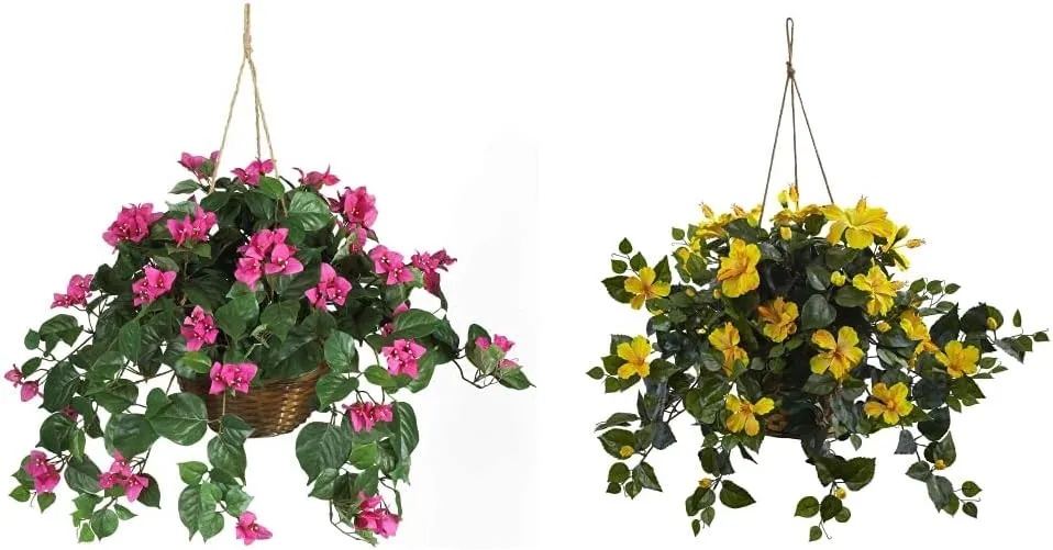 Nearly Natural Bougainvillea Basket Silk Hanging Plant   Hibiscus Hanging Basket