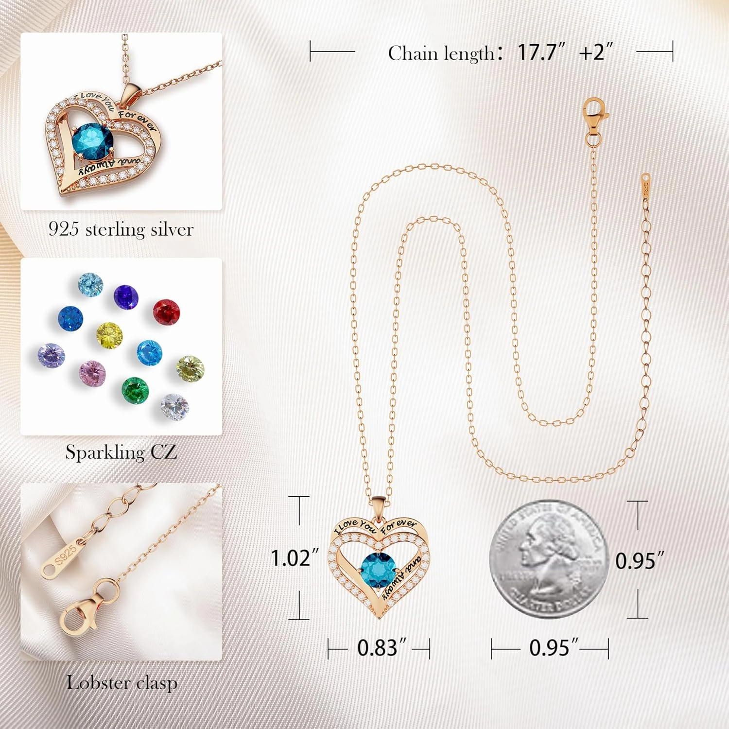 Necklaces for Women, Jewelry for Women with S925 Sterling Silver Rose Gold, Forever Love Heart Pendant Necklace Valentine's Day Birthday Mother's Day Gifts for Girlfriend Mom Sister Her