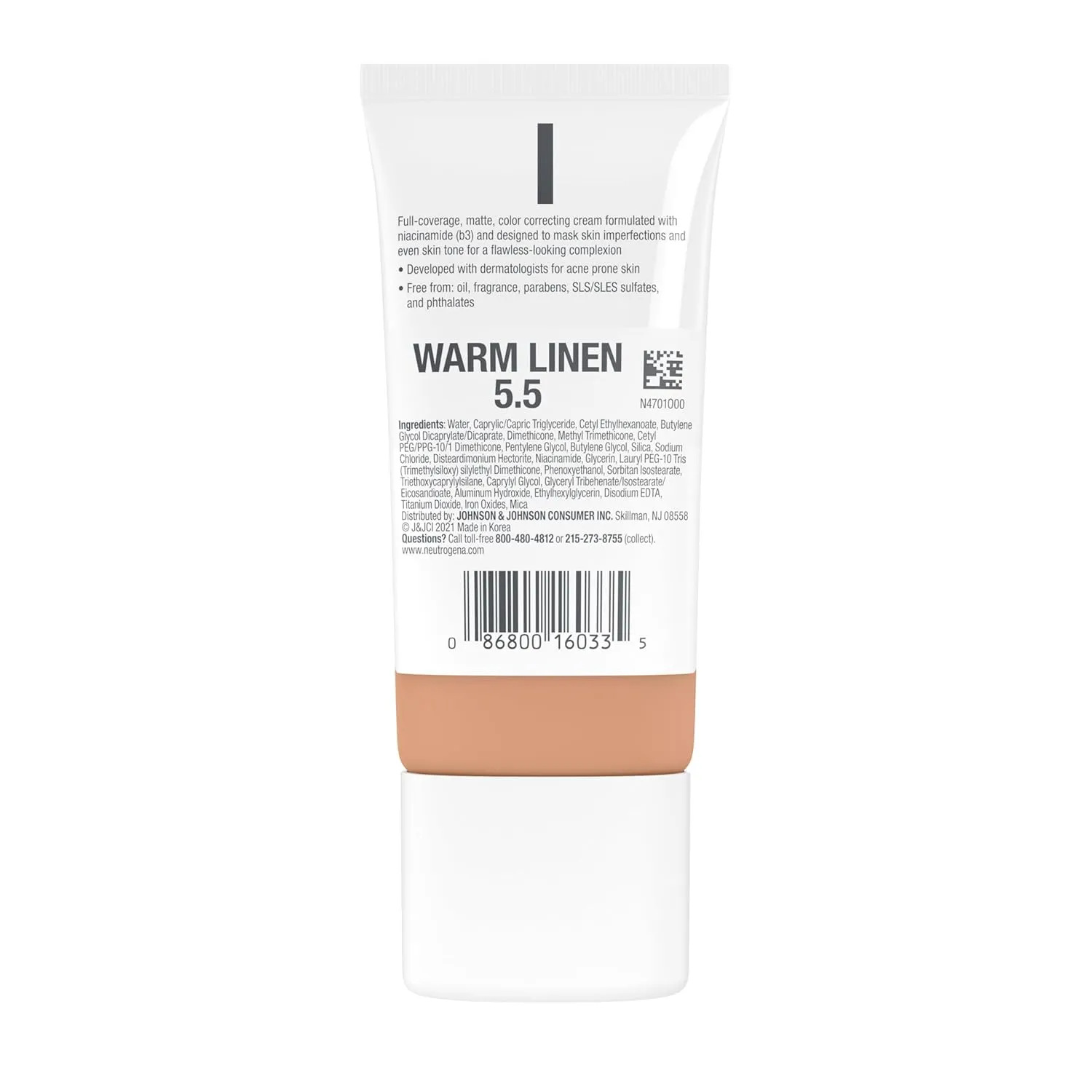 Neutrogena Clear Coverage Flawless Matte CC Cream, Full-Coverage Color Correcting Cream Face Makeup with Niacinamide (b3), Hypoallergenic, Oil Free & Fragrance Free, Warm Linen, 1 oz
