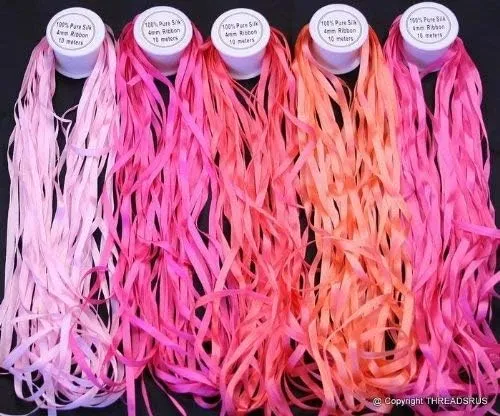 New 7mm Size ThreadNanny 5 Spools of 100% Pure Silk Ribbons - Pink Tones - 50 MTS x 7mm