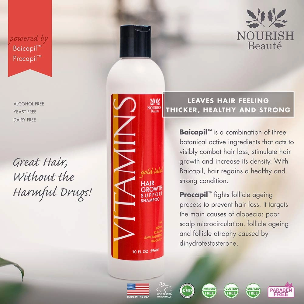 Nourish Beaute Vitamins Natural Shampoo for Hair Growth and Hair Loss for Hair Regrowth,Volume and Thickening with Biotin,DHT Blockers, No Sulfate, For Men and Women, Premium Gold Label, (Pack of 1)