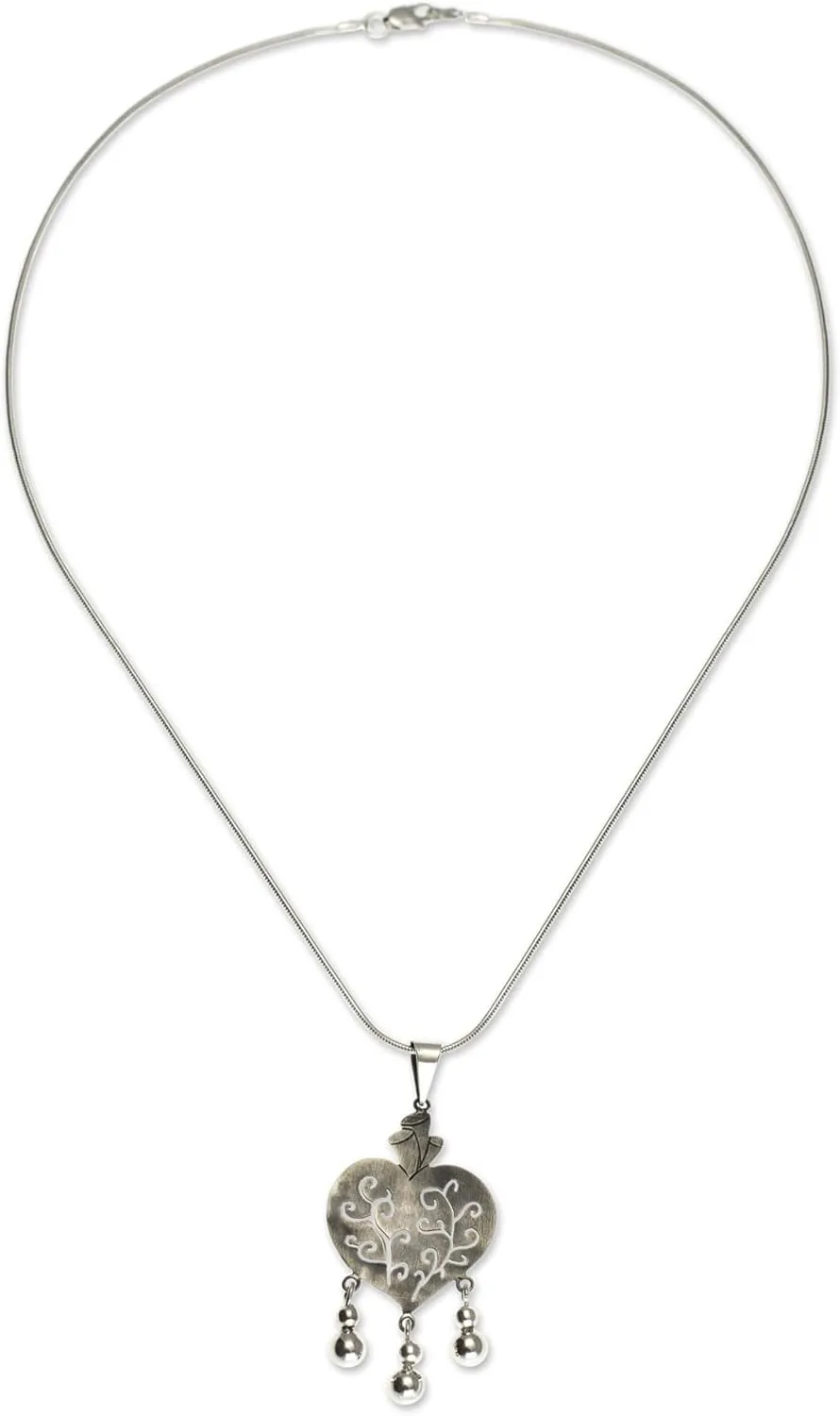 NOVICA Artisan Handmade Sterling Silver Heart Necklace Artisan Crafted Taxco Jewelry No Stone Pendant Mexico [17.75 in L 1 mm W Pendant(s) 1.9 in L x 0.8 in W] ' Depth of Heart'