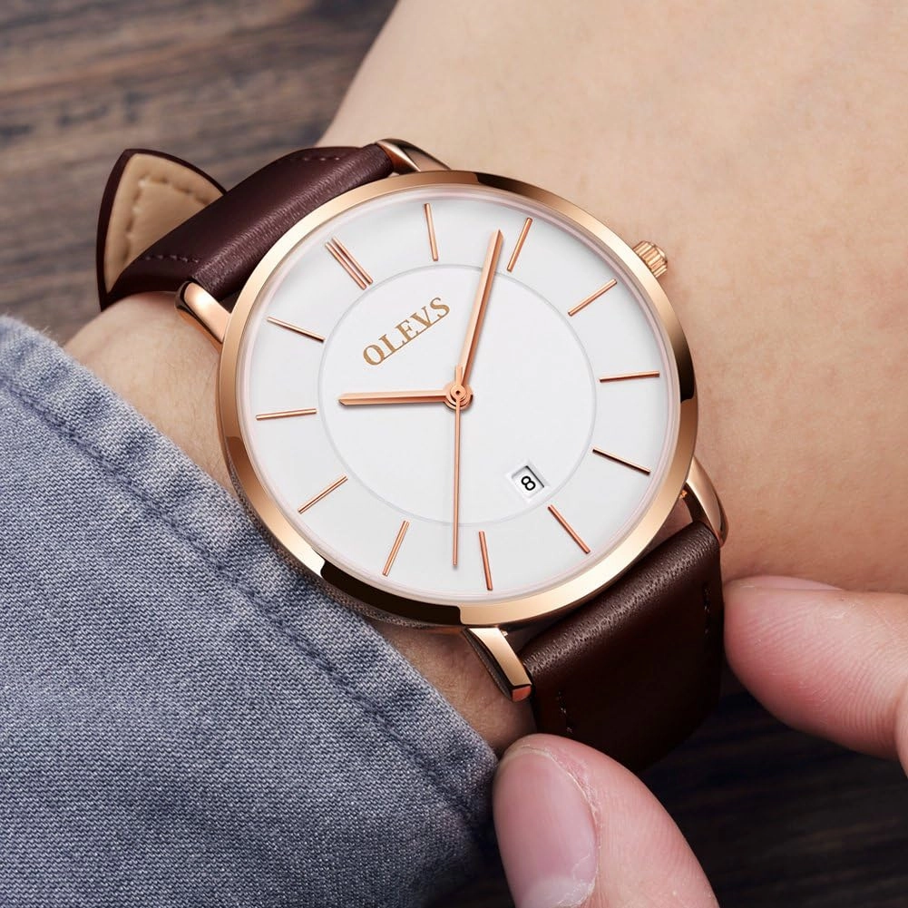 OLEVS Mens Watches Minimalist Ultra Thin Fashion Casual Analog Quartz Date Watch Waterproof Slim Simple Big Face Dress Wrist Watch with Retro Leather Band for Men