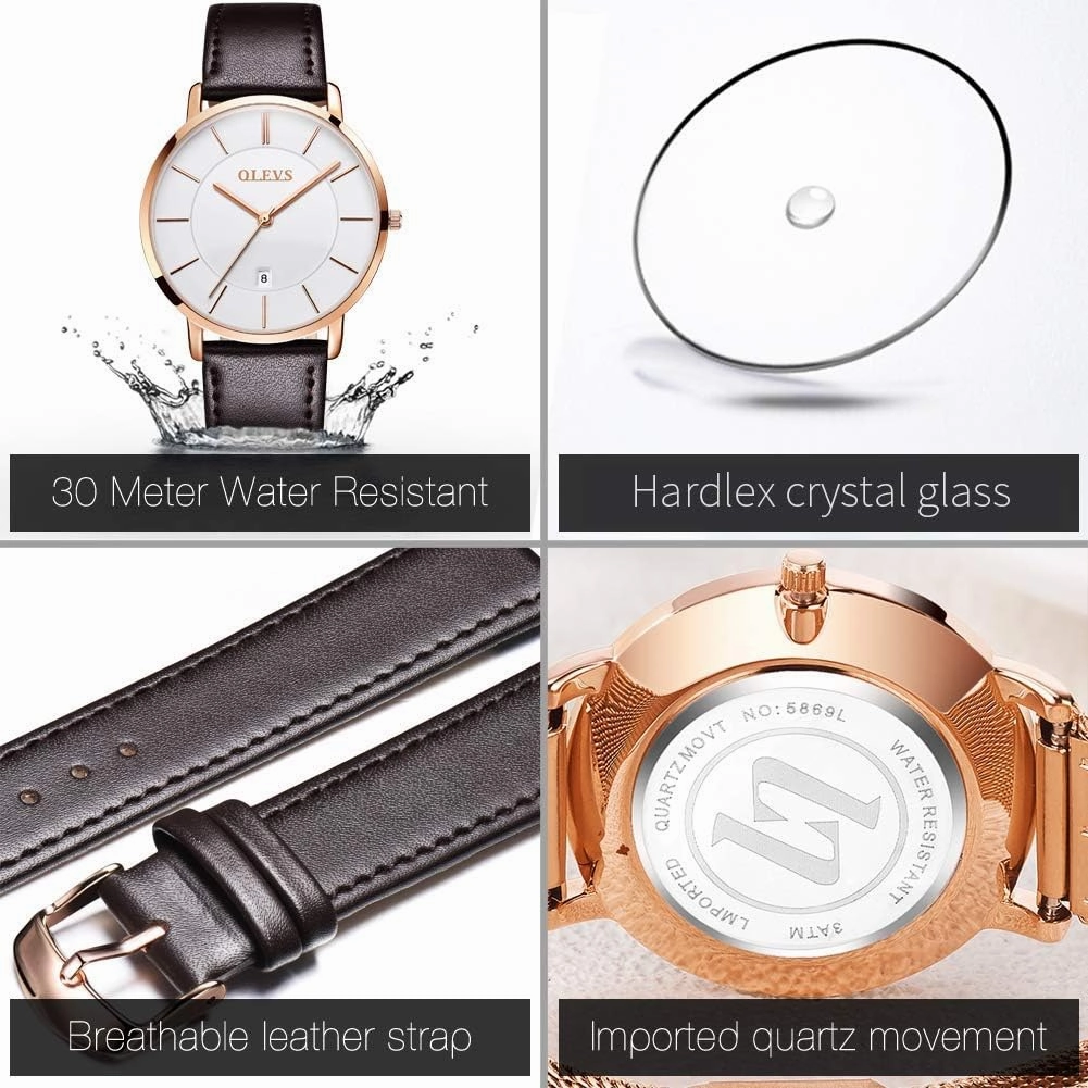 OLEVS Mens Watches Minimalist Ultra Thin Fashion Casual Analog Quartz Date Watch Waterproof Slim Simple Big Face Dress Wrist Watch with Retro Leather Band for Men