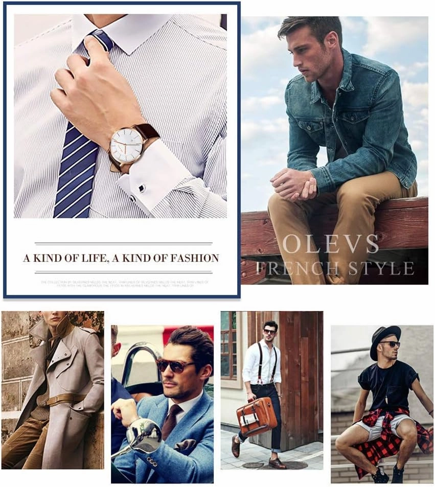 OLEVS Mens Watches Minimalist Ultra Thin Fashion Casual Analog Quartz Date Watch Waterproof Slim Simple Big Face Dress Wrist Watch with Retro Leather Band for Men