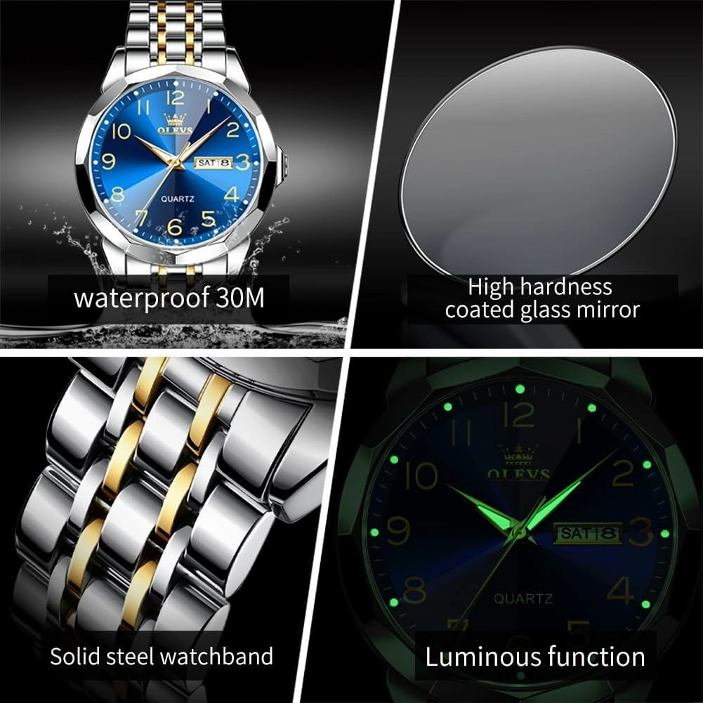 OLEVS Watch for Men Business Dress Diamond Analog Quartz Date Luxury Classic Stainless Steel Waterproof Luminous Two Tone Wrist Watch