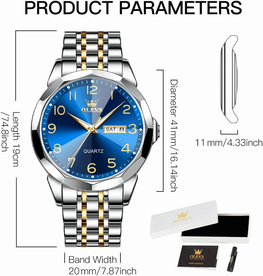 OLEVS Watch for Men Business Dress Diamond Analog Quartz Date Luxury Classic Stainless Steel Waterproof Luminous Two Tone Wrist Watch