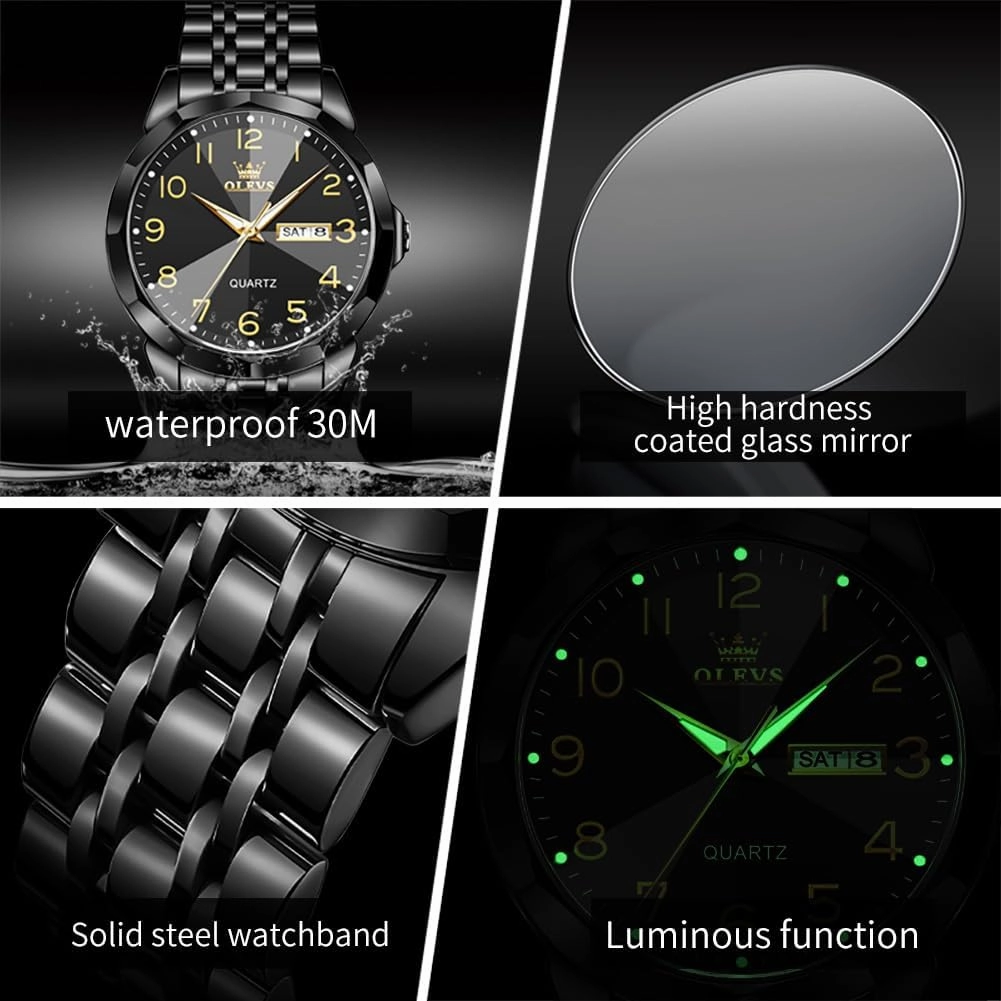 OLEVS Watch for Men Business Dress Diamond Analog Quartz Date Luxury Classic Stainless Steel Waterproof Luminous Two Tone Wrist Watch