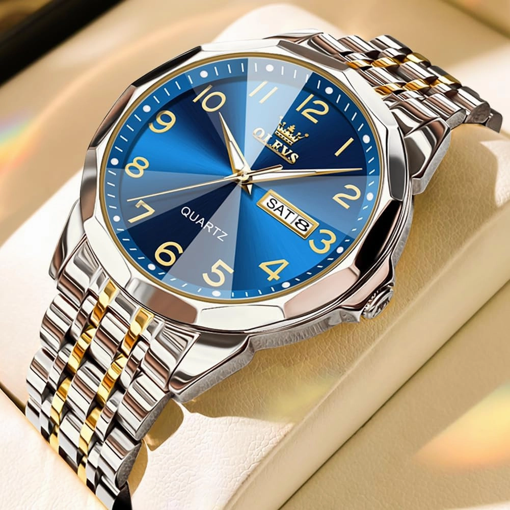 OLEVS Watch for Men Business Dress Diamond Analog Quartz Date Luxury Classic Stainless Steel Waterproof Luminous Two Tone Wrist Watch