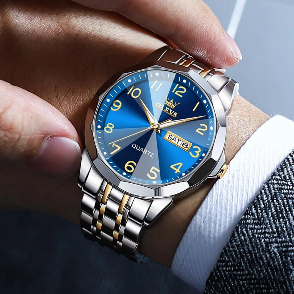 OLEVS Watch for Men Business Dress Diamond Analog Quartz Date Luxury Classic Stainless Steel Waterproof Luminous Two Tone Wrist Watch