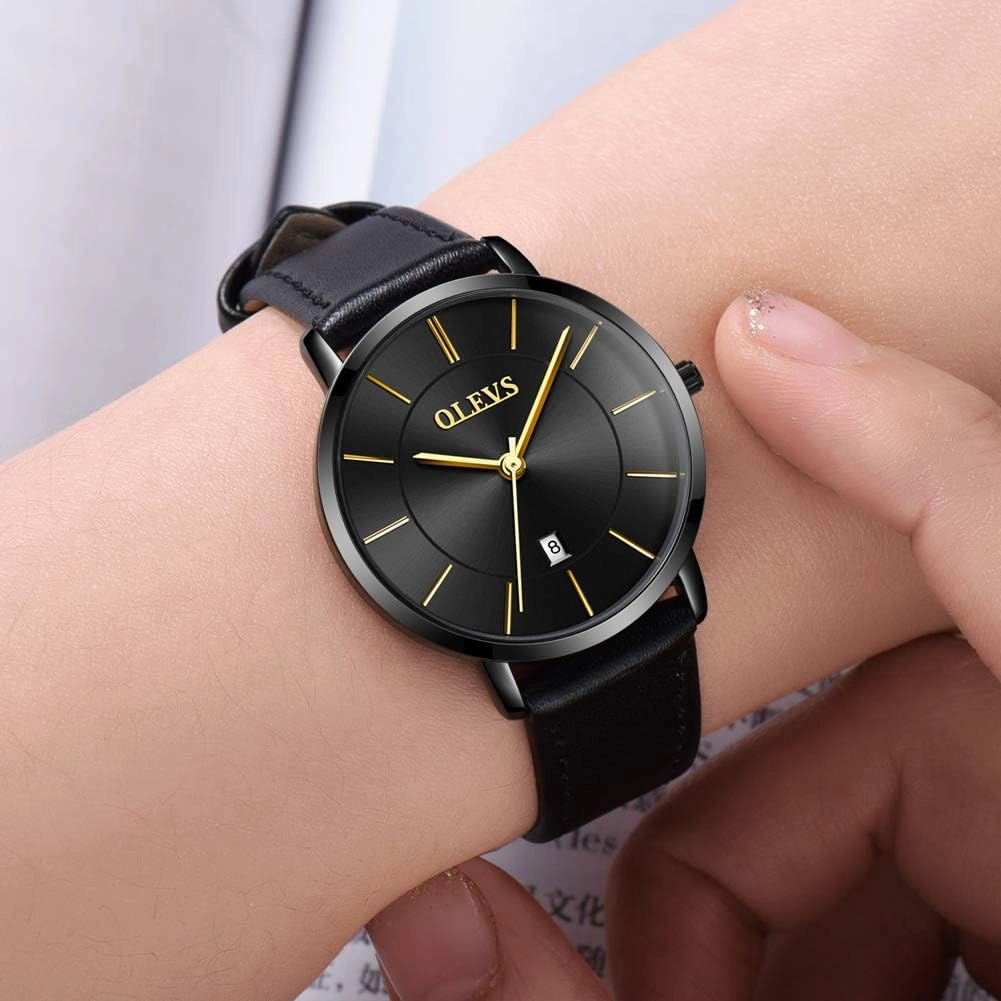 OLEVS Women's Watches for Ladies Female Wrist Watch Leather Band Waterproof Thin Minimalist Casual Simple Dress Quartz Analog with Date Calendar