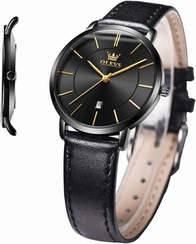 OLEVS Women's Watches for Ladies Female Wrist Watch Leather Band Waterproof Thin Minimalist Casual Simple Dress Quartz Analog with Date Calendar