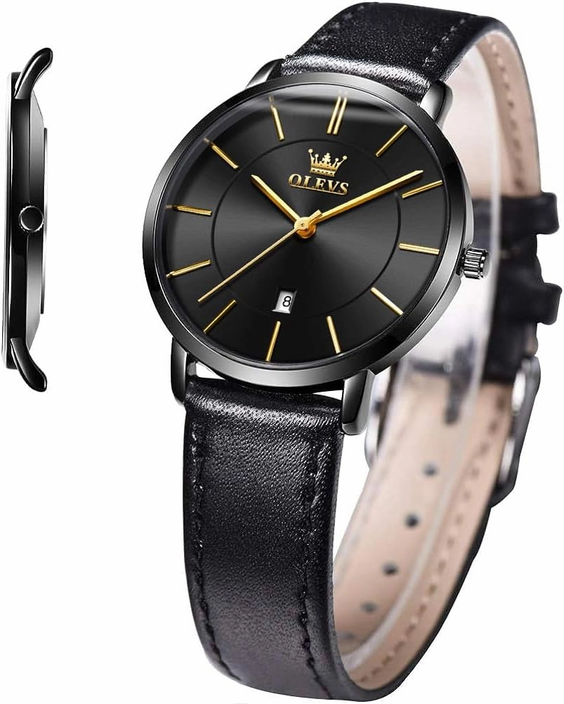 OLEVS Women's Watches for Ladies Female Wrist Watch Leather Band Waterproof Thin Minimalist Casual Simple Dress Quartz Analog with Date Calendar