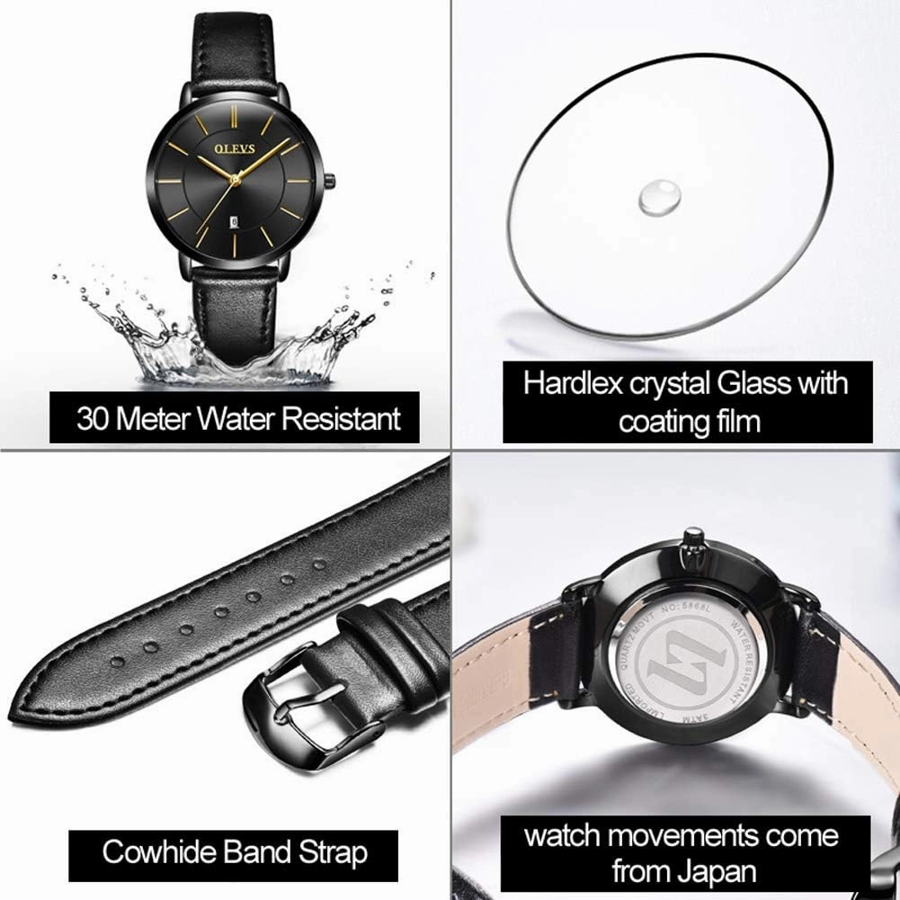 OLEVS Women's Watches for Ladies Female Wrist Watch Leather Band Waterproof Thin Minimalist Casual Simple Dress Quartz Analog with Date Calendar
