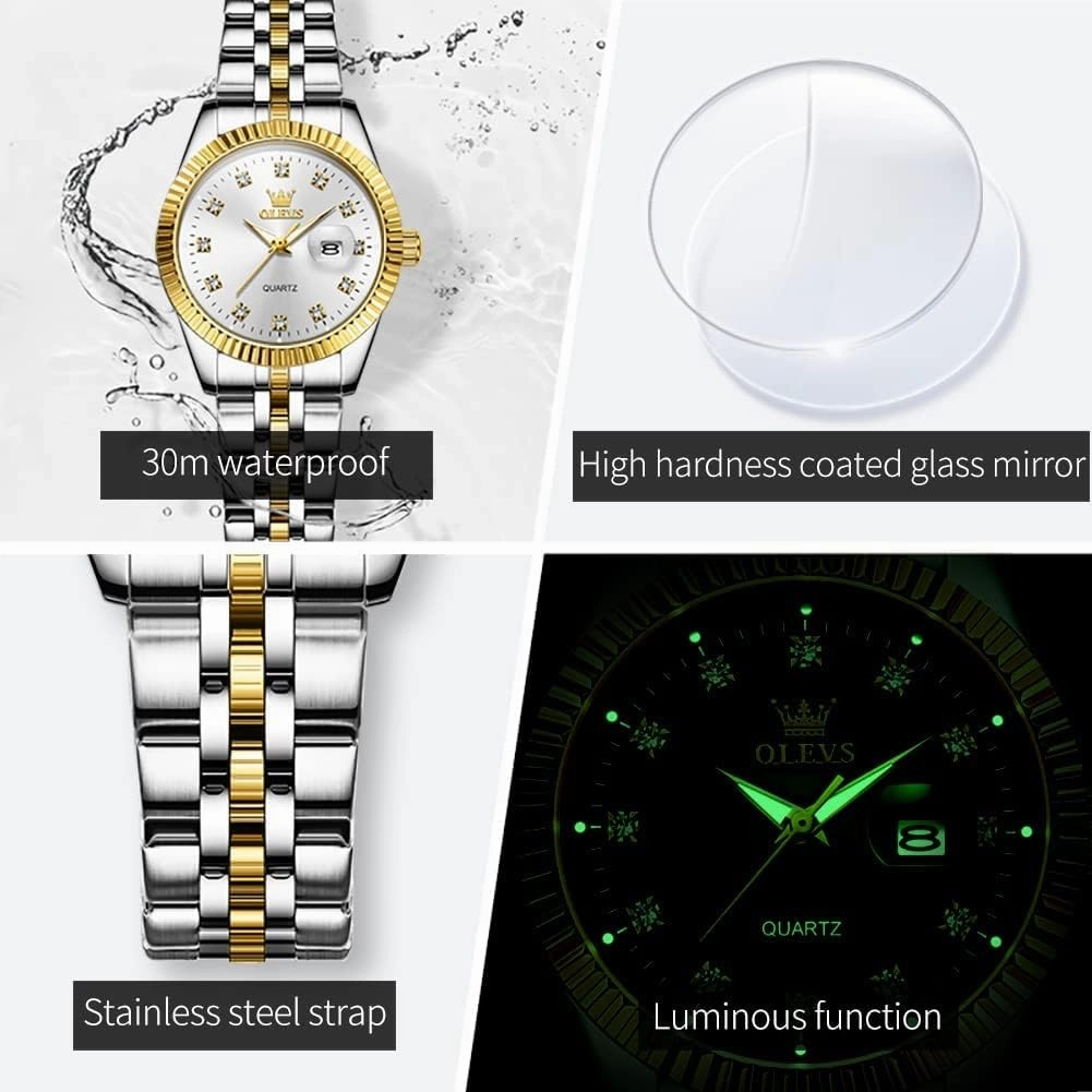 OLEVS Womens Watches Diamond Luxury Dress Gold Wrist Watch Stainless Steel Waterproof Luminous Date