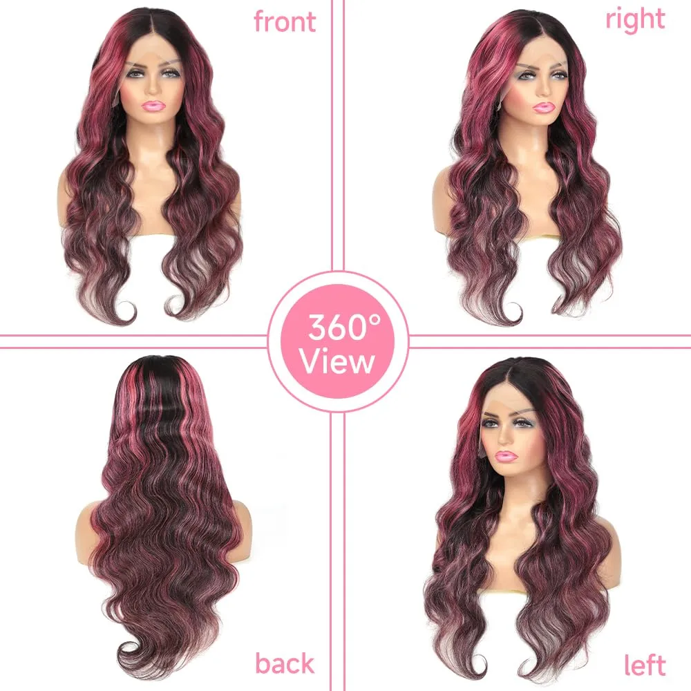 Ombre Lace Front Wig Human Hair Skunk Stripe Human Hair Wigs 13x4 Hd Lace Frontal Body Wave Highlight Pink and Black Colored Wigs Human Hair 180% Density 26 Inch