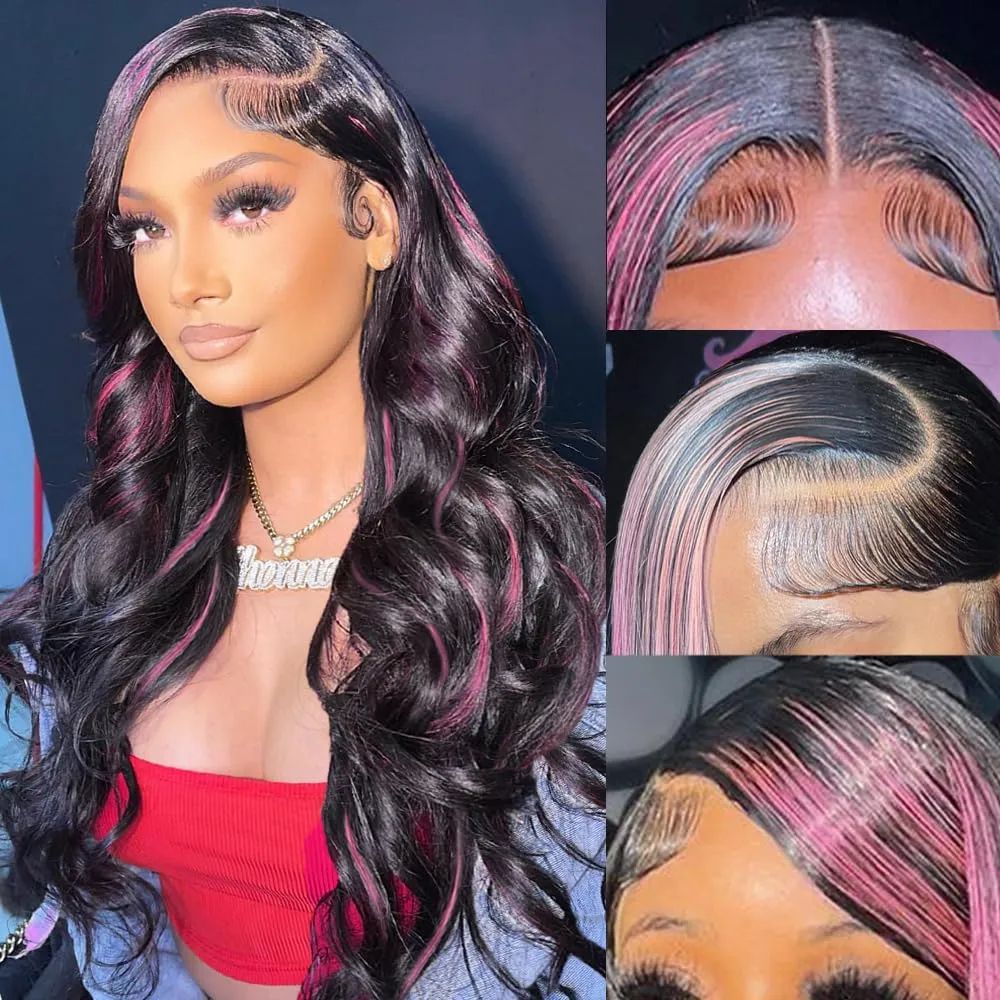 Ombre Lace Front Wig Human Hair Skunk Stripe Human Hair Wigs 13x4 Hd Lace Frontal Body Wave Highlight Pink and Black Colored Wigs Human Hair 180% Density 26 Inch