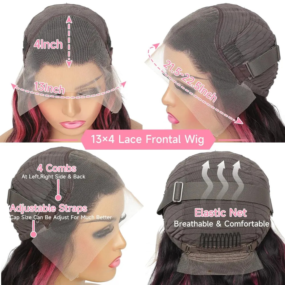 Ombre Lace Front Wig Human Hair Skunk Stripe Human Hair Wigs 13x4 Hd Lace Frontal Body Wave Highlight Pink and Black Colored Wigs Human Hair 180% Density 26 Inch