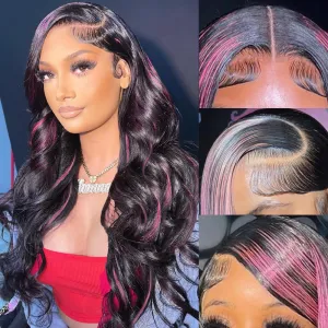 Ombre Lace Front Wig Human Hair Skunk Stripe Human Hair Wigs 13x4 Hd Lace Frontal Body Wave Highlight Pink and Black Colored Wigs Human Hair 180% Density 26 Inch