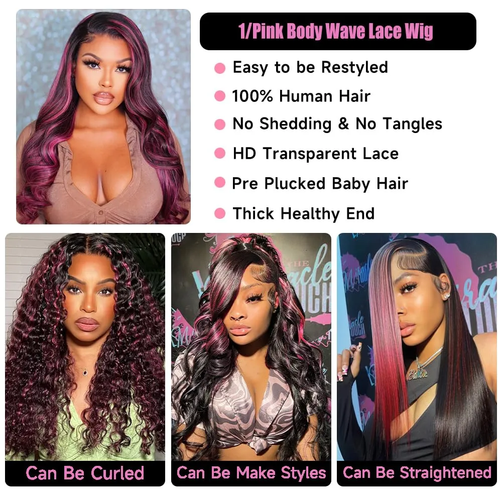 Ombre Lace Front Wig Human Hair Skunk Stripe Human Hair Wigs 13x4 Hd Lace Frontal Body Wave Highlight Pink and Black Colored Wigs Human Hair 180% Density 26 Inch
