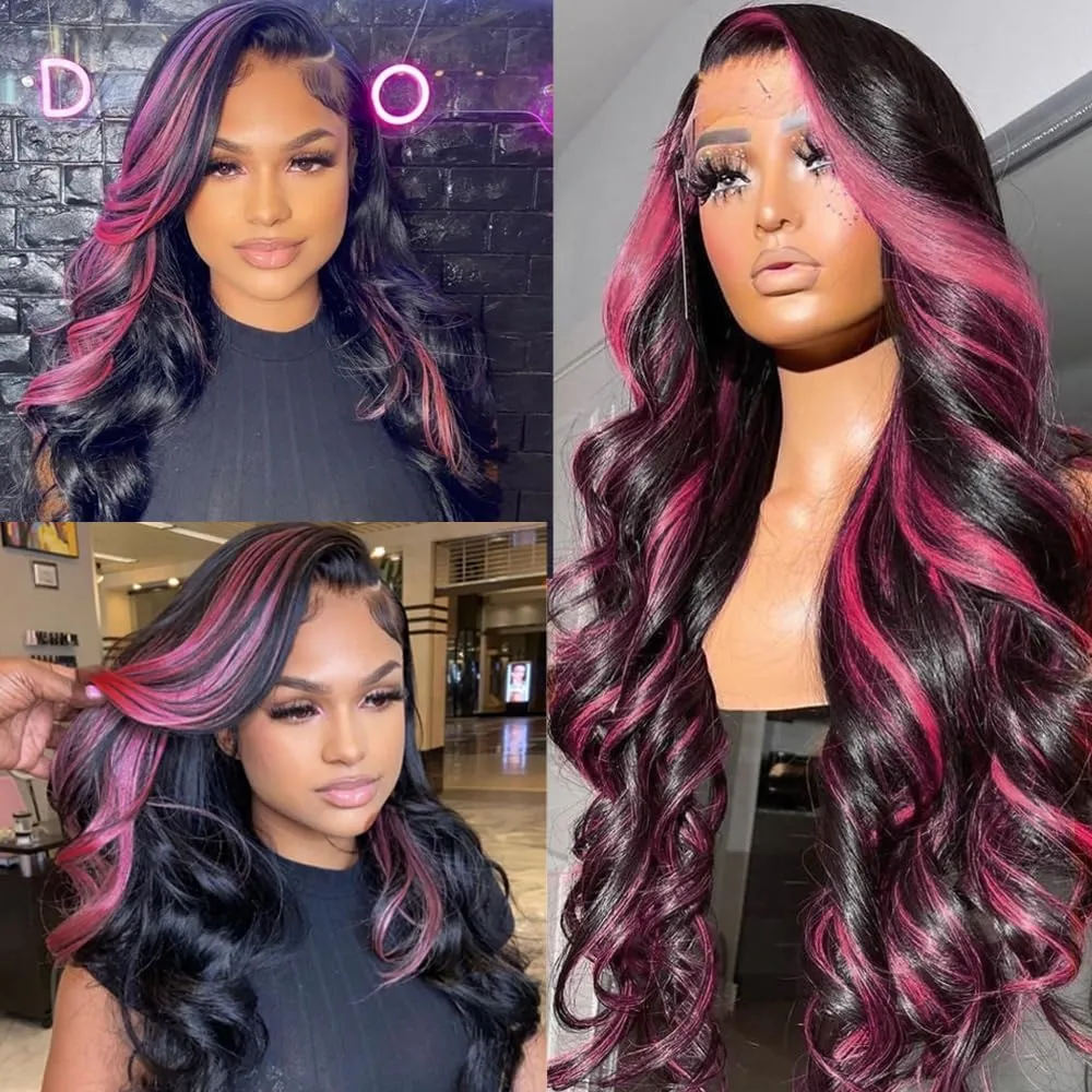 Ombre Lace Front Wig Human Hair Skunk Stripe Human Hair Wigs 13x4 Hd Lace Frontal Body Wave Highlight Pink and Black Colored Wigs Human Hair 180% Density 26 Inch