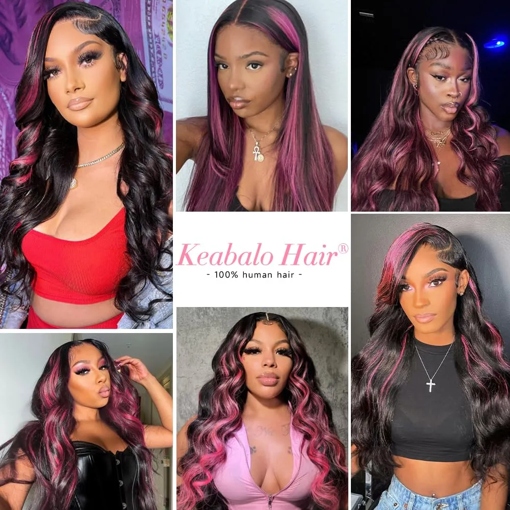 Ombre Lace Front Wig Human Hair Skunk Stripe Human Hair Wigs 13x4 Hd Lace Frontal Body Wave Highlight Pink and Black Colored Wigs Human Hair 180% Density 26 Inch