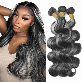 Ombre Bundle P1BGrey Body Wave Human Hair Bundles Highlight Gray Bundle Two Tone Black Mixed With Silver 3 Bundles 26 26 26 Inch #1BGrey Hair Weave 300G