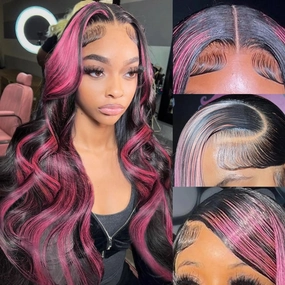 Ombre Lace Front Wig Human Hair Skunk Stripe Human Hair Wigs 13x4 Hd Lace Frontal Body Wave Highlight Pink Human Hair Wig Pink and Black Colored Wigs Human Hair 180% Density 22 Inch