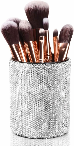 OTOSTAR Bling Crystal Makeup Brush Holder Organizer Storage Cosmetic Tools Eyebrow Pencil Eyeliners, Multifunctional Handcrafted Rhinestones Pen Holder for Home Office (Silver)