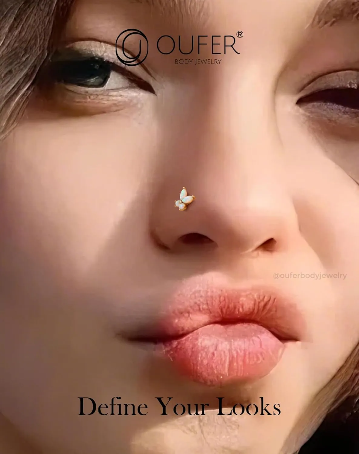 OUFER Nose Rings Studs, 20G Nose Rings, 9K/14K Solid Gold Nostril Piercing Jewelry, Shiny Opal Butterfly Nose Piercing Jewelry Nose Screw Studs For Women
