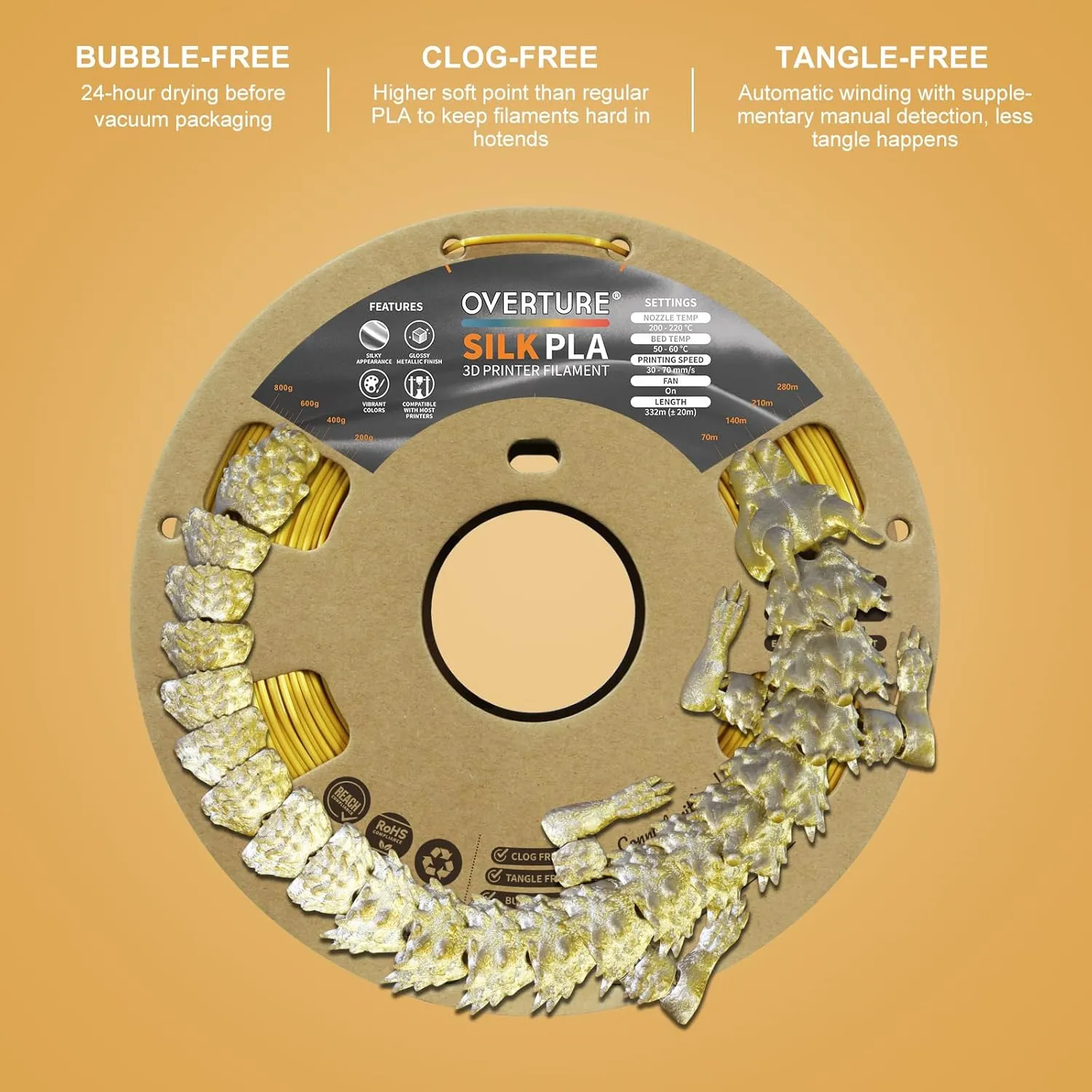 OVERTURE Silk PLA 1.75mm Dual Color Filament, Clog-Free Shiny 3D Printer Filament, 1kg Spool(2.2lbs), Dimensional Accuracy  /- 0.02 mm, Fit Most FDM Printer(Silk Gold-Silver)