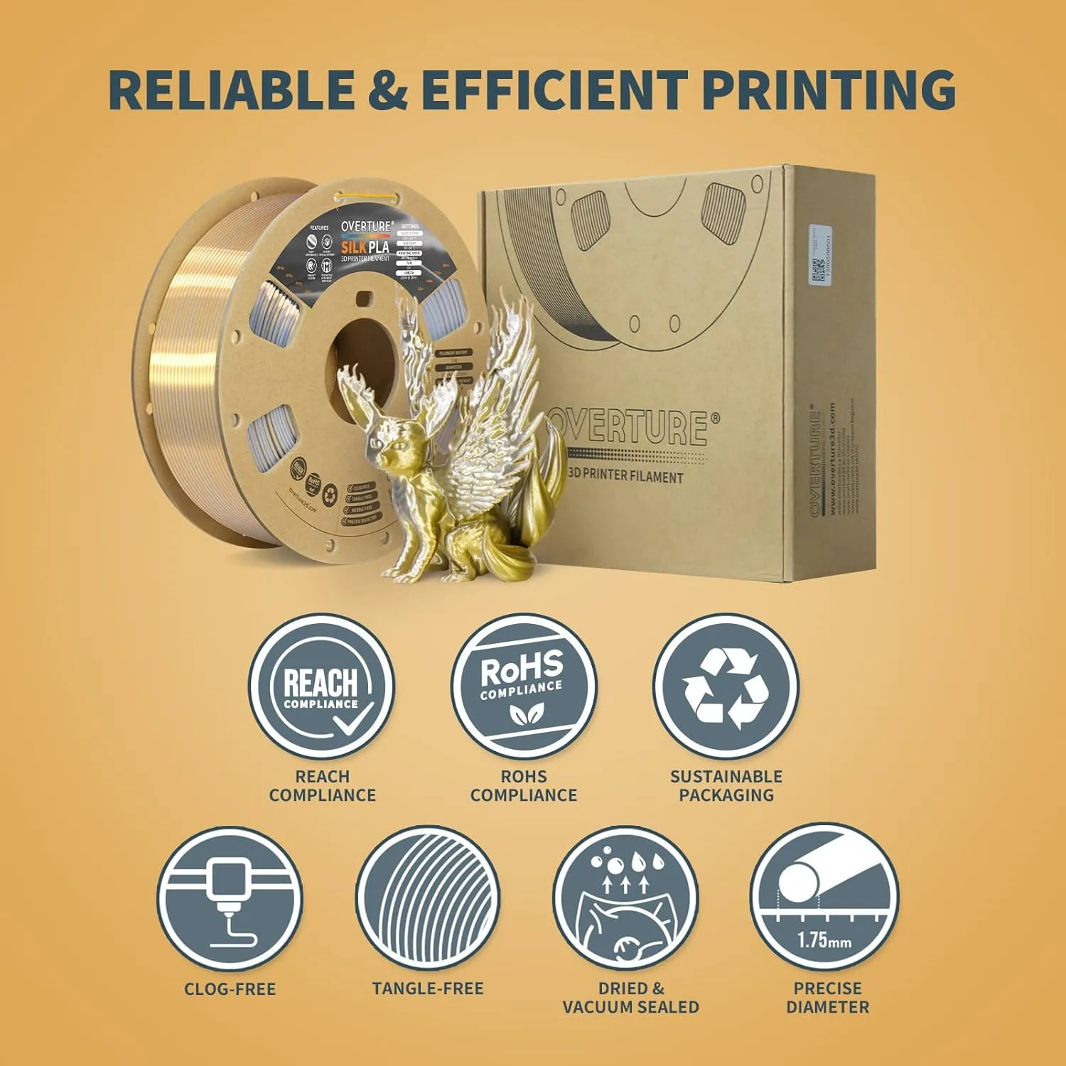 OVERTURE Silk PLA 1.75mm Dual Color Filament, Clog-Free Shiny 3D Printer Filament, 1kg Spool(2.2lbs), Dimensional Accuracy  /- 0.02 mm, Fit Most FDM Printer(Silk Gold-Silver)