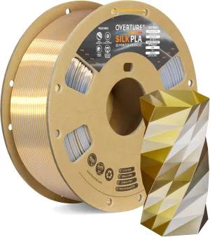 OVERTURE Silk PLA 1.75mm Dual Color Filament, Clog-Free Shiny 3D Printer Filament, 1kg Spool(2.2lbs), Dimensional Accuracy  /- 0.02 mm, Fit Most FDM Printer(Silk Gold-Silver)