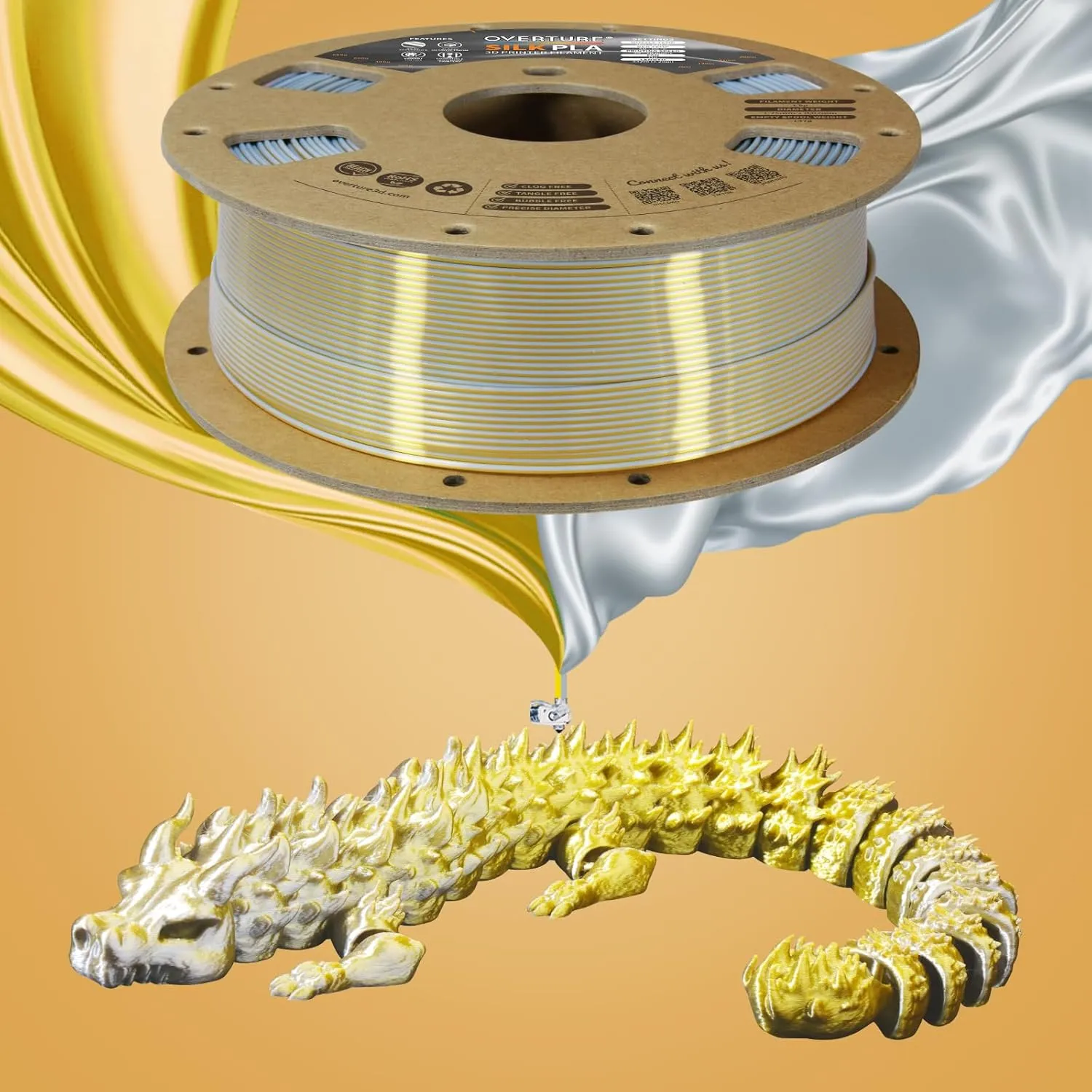 OVERTURE Silk PLA 1.75mm Dual Color Filament, Clog-Free Shiny 3D Printer Filament, 1kg Spool(2.2lbs), Dimensional Accuracy  /- 0.02 mm, Fit Most FDM Printer(Silk Gold-Silver)
