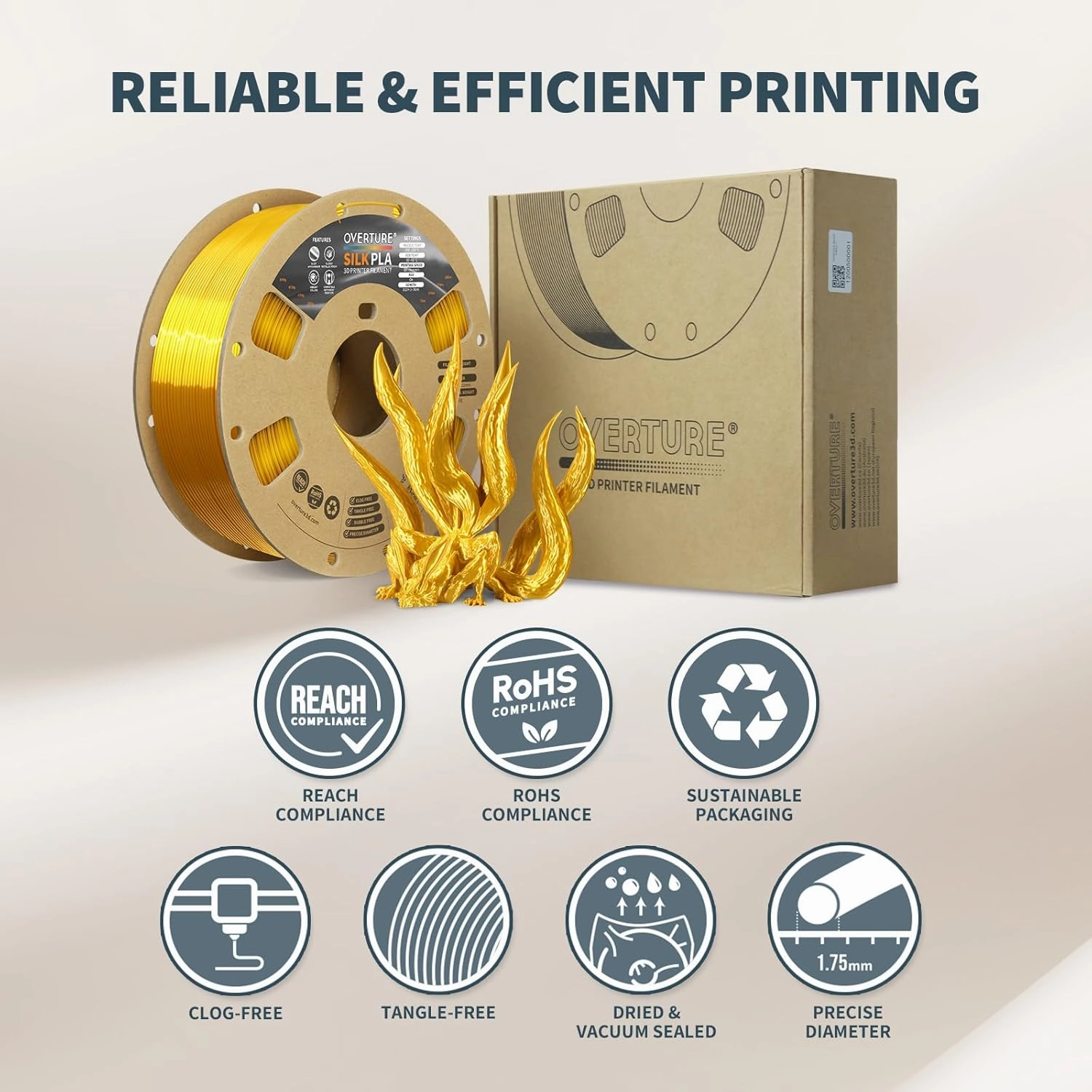 OVERTURE Silk Filament PLA 1.75mm Clog-Free Shiny 3D Printer Filament, 1kg Spool (2.2lbs), Dimensional Accuracy  /- 0.02 mm, Fit Most FDM Printer(Silk Gold)