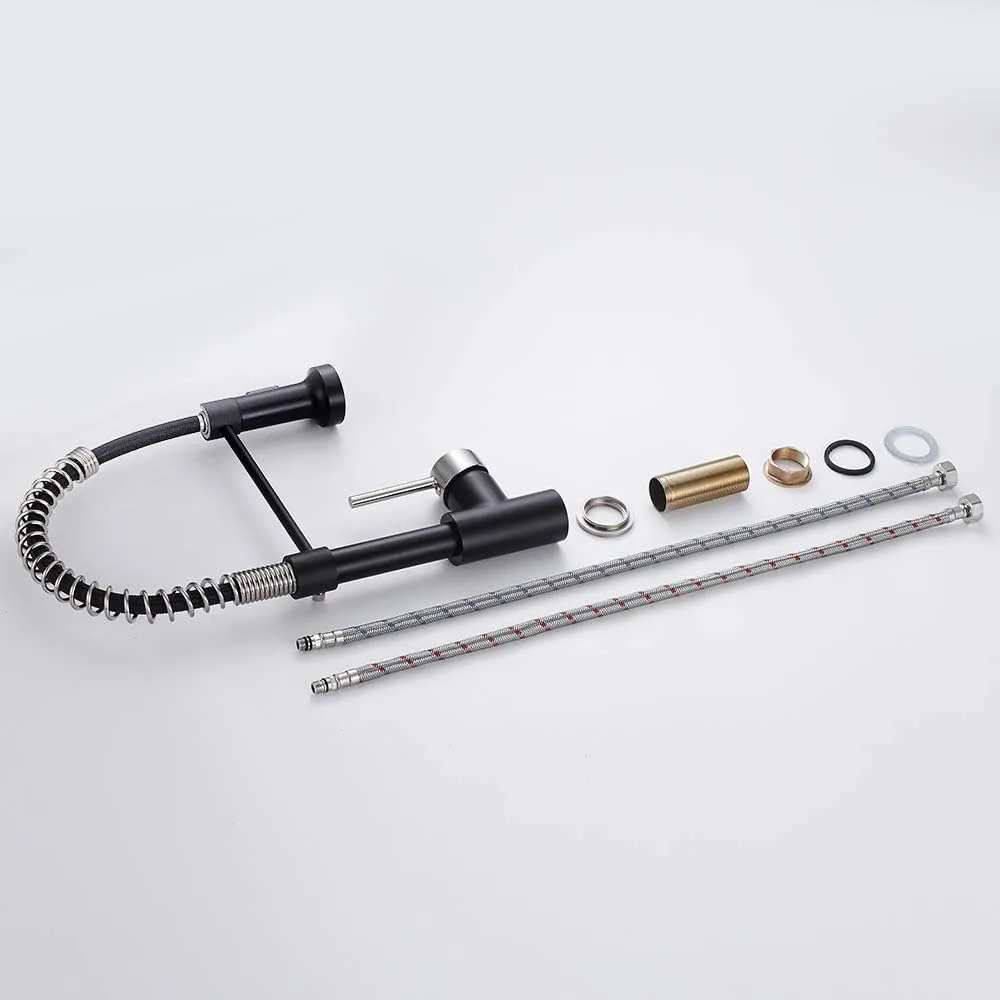 OWOFAN Low Lead Modern Single Handle Pull Down Sprayer Spring Kitchen Faucet, Brass Black&Brushed Nickel Kitchen Sink Faucets