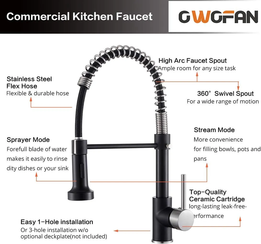 OWOFAN Low Lead Modern Single Handle Pull Down Sprayer Spring Kitchen Faucet, Brass Black&Brushed Nickel Kitchen Sink Faucets