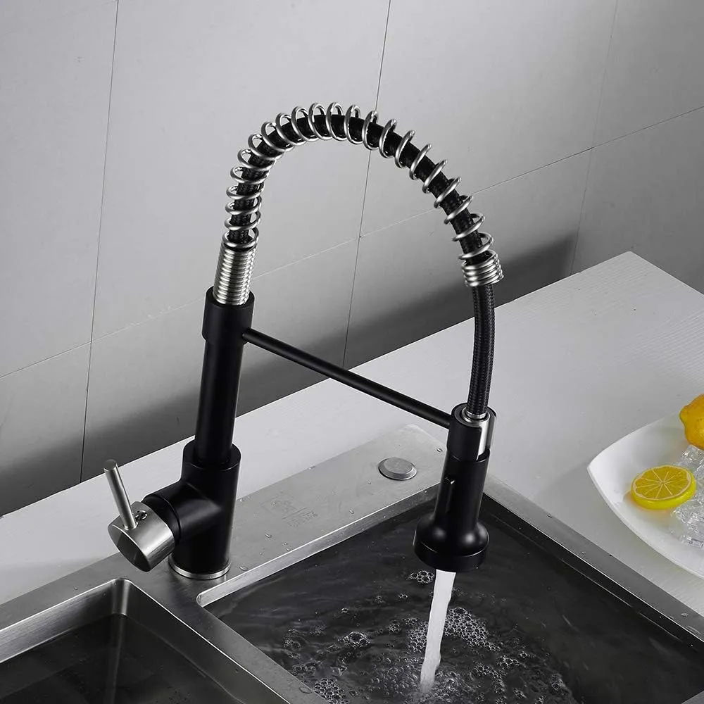 OWOFAN Low Lead Modern Single Handle Pull Down Sprayer Spring Kitchen Faucet, Brass Black&Brushed Nickel Kitchen Sink Faucets
