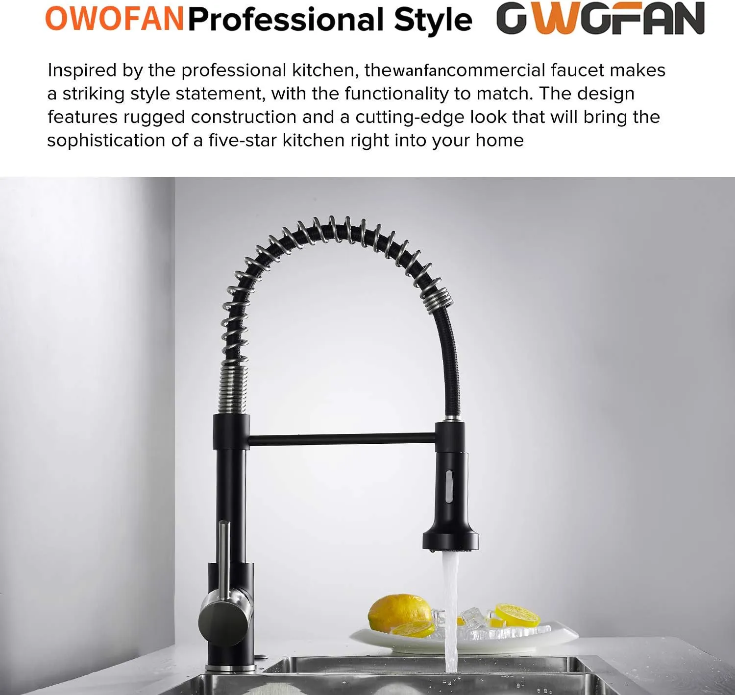 OWOFAN Low Lead Modern Single Handle Pull Down Sprayer Spring Kitchen Faucet, Brass Black&Brushed Nickel Kitchen Sink Faucets