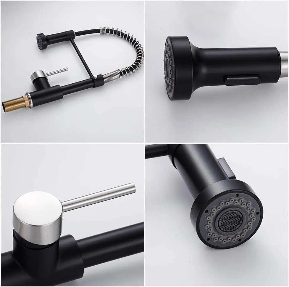 OWOFAN Low Lead Modern Single Handle Pull Down Sprayer Spring Kitchen Faucet, Brass Black&Brushed Nickel Kitchen Sink Faucets