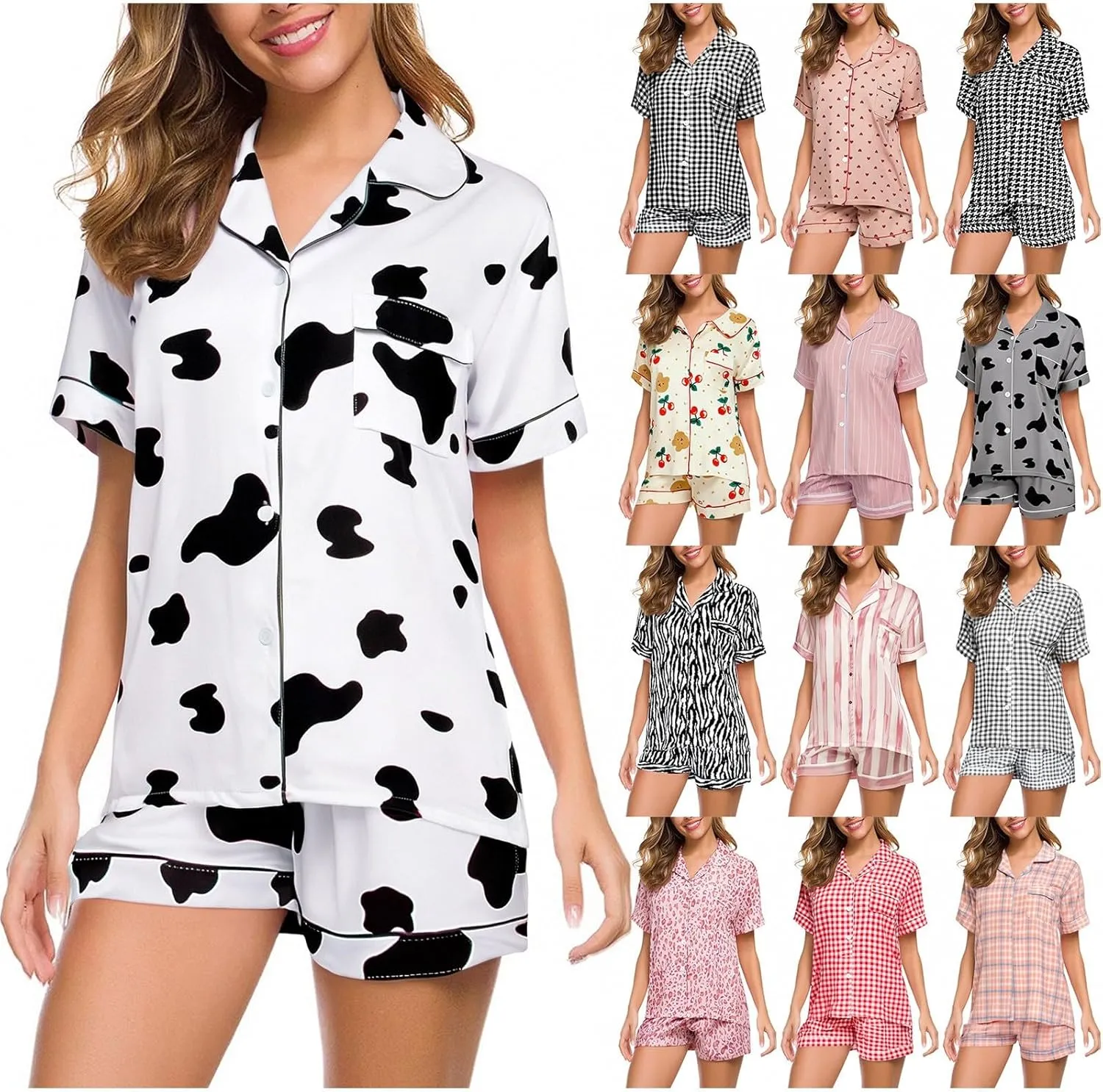 Pajama Set for Women 2 Piece Lounge Set Short Sleeve Button Up Tops and Shorts Soft Sleepwear, Single Chest Pocket