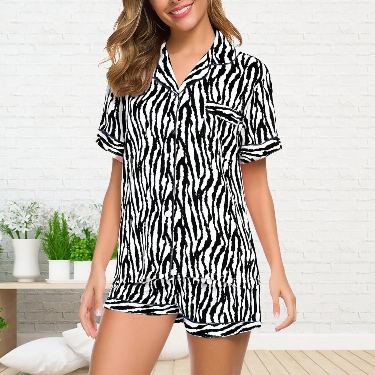 Pajama Set for Women 2 Piece Lounge Set Short Sleeve Button Up Tops and Shorts Soft Sleepwear, Single Chest Pocket