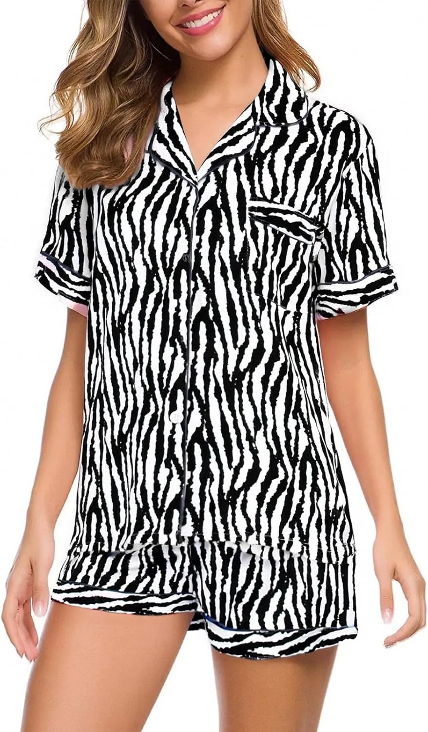 Pajama Set for Women 2 Piece Lounge Set Short Sleeve Button Up Tops and Shorts Soft Sleepwear, Single Chest Pocket