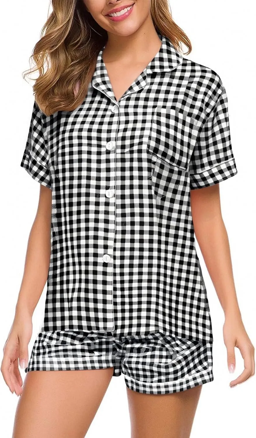 Pajama Set for Women 2 Piece Lounge Set Short Sleeve Button Up Tops and Shorts Soft Sleepwear, Single Chest Pocket