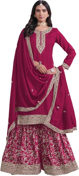 Pakistani Wedding Wear Salwar Kameez Sharara Suits Indian Designer Stitched Outfits (US, Numeric, 44, Regular, Regular, Pink 1)