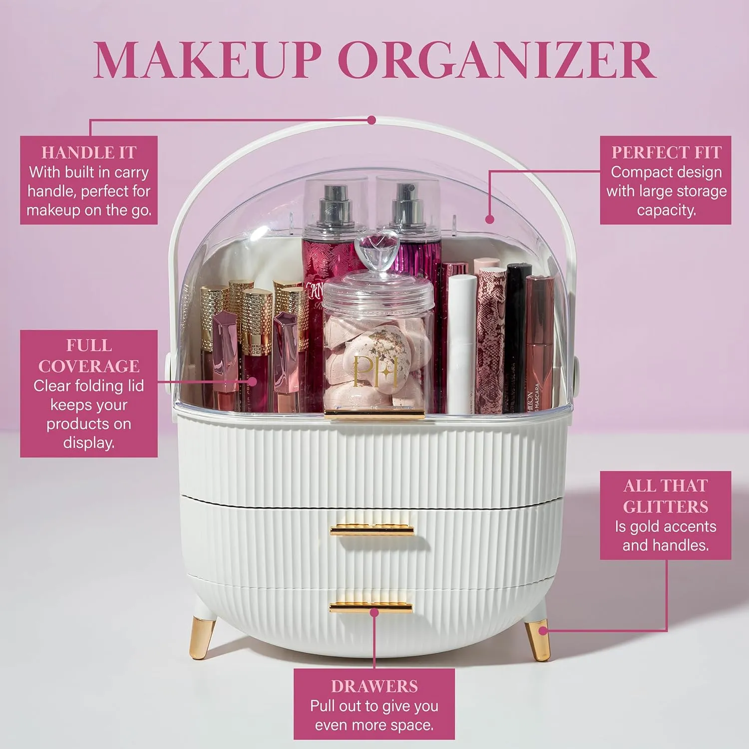 Paris Hilton Makeup Storage Organizer with Lid, Standard, White